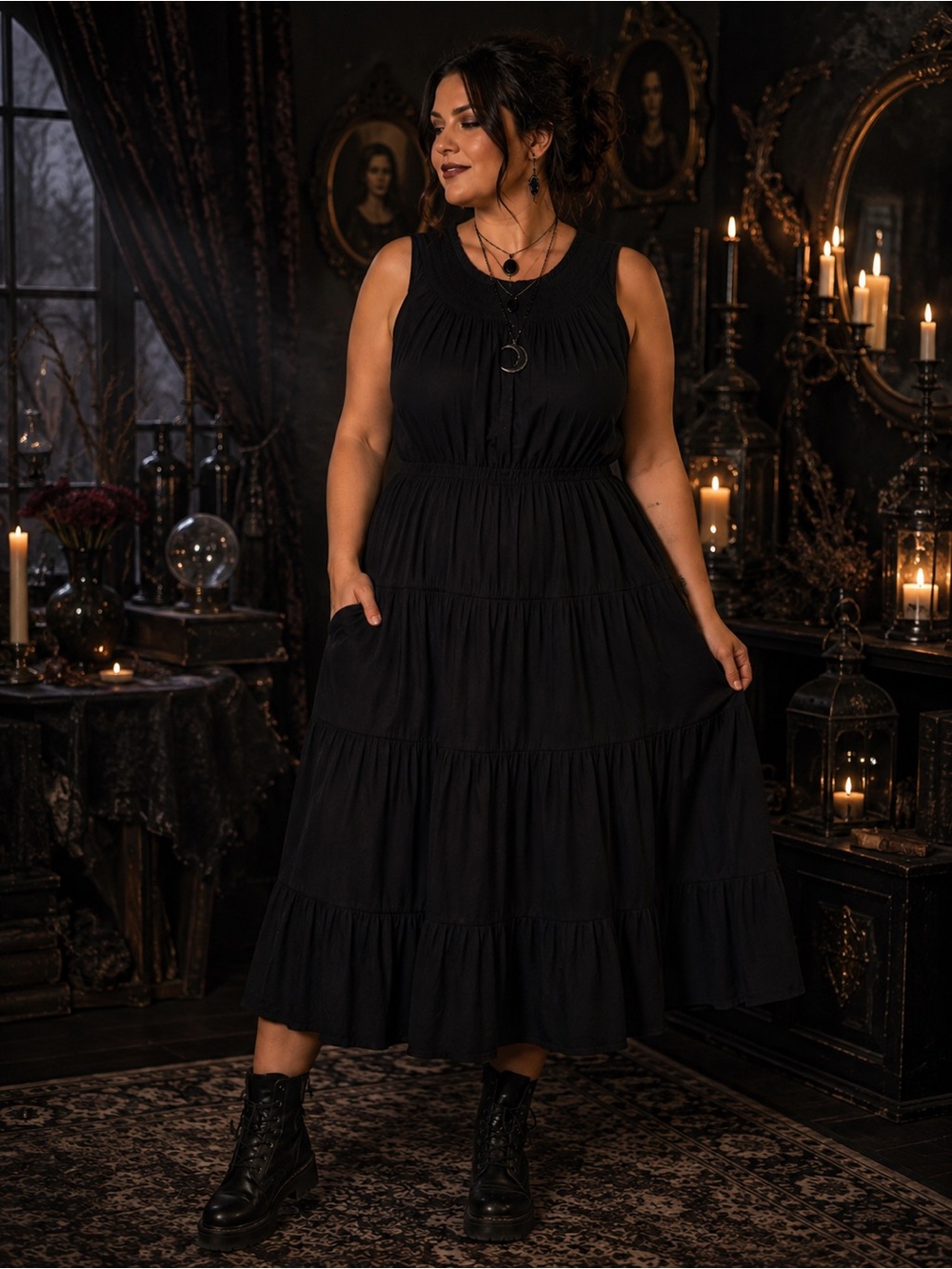 Simply Vera Vera Wang XXL Black Tiered Midi Dress Smocked Neckline Boho